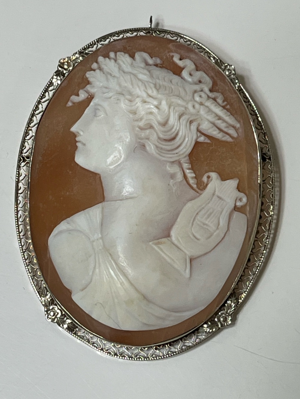 Vintage Shell Cameo Portrait Pendant/Brooch White / Coral Colors Set in Filigree
